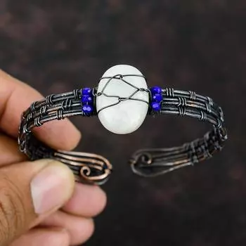 Браслет-манжета из радуги с лунным камнем, браслет из ляпис-лазури, браслет из медной проволоки, ювелирные изделия ручной работы, регулируемая манжета, ювелирные изделия из драгоценных камней