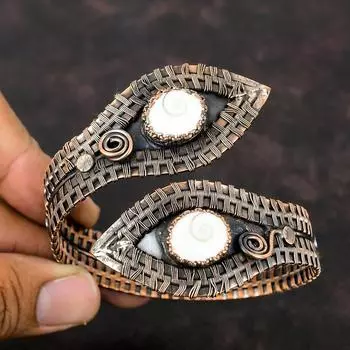 Браслет-манжета из ракушки глаза Шивы, драгоценный камень, браслет из медной проволоки, регулируемый браслет-манжета, браслет ручной работы, дизайнерские медные украшения, подарок на годовщину