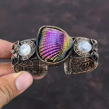 Браслет-манжета из ракушки с титановым покрытием, браслет из медной проволоки с драгоценными камнями, ювелирные изделия ручной работы, регулируемый браслет из радужного лунного камня, ювелирные изделия из меди