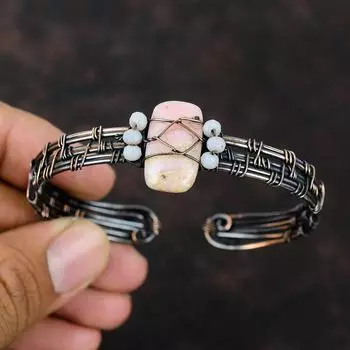 Браслет-манжета из розового опала и меди, браслет с синими кружевными бусинами из агата, браслет из медной проволоки, регулируемый браслет-манжета ручной работы