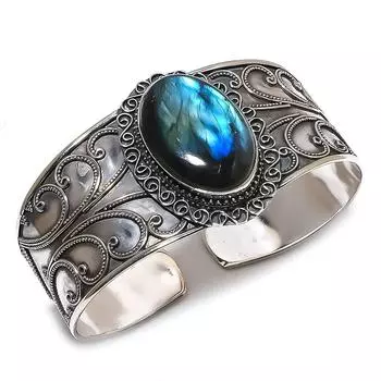 Браслет-манжета из серебра 925 пробы с натуральным лабрадоритом, регулируемый V3Z81