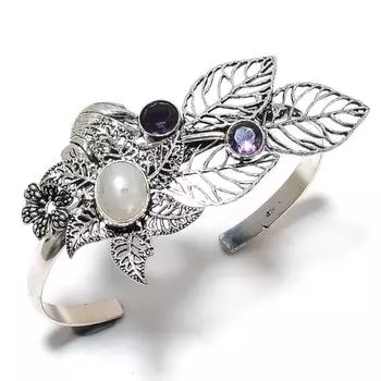 Браслет-манжета из серебра 925 пробы с радужным лунным камнем и аметистом. N7q04