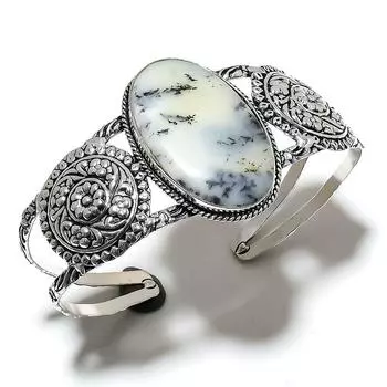 Браслет-манжета из серебра 925 пробы с опалом и дендритом, регулируемый, ручной работы G0J75