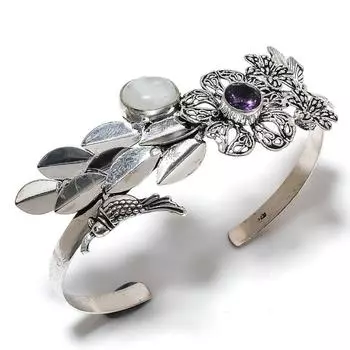 Браслет-манжета из серебра 925 пробы с радужным лунным камнем и аметистом. Т6J55