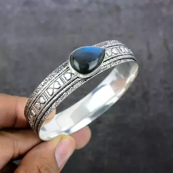 Браслет-манжета из серебра 925 пробы с натуральным лабрадоритом, регулируемый V3W87