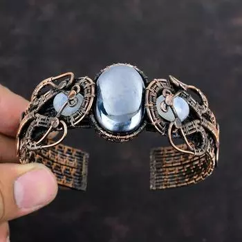 Браслет-манжета из шунгита, браслет-манжета из медной проволоки, браслет из радужного лунного камня, регулируемый браслет-манжета, ювелирные изделия ручной работы из драгоценных камней, подарки для нее