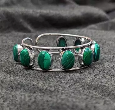 Браслет-манжета из стерлингового серебра 925 пробы с зеленым малахитовым драгоценным камнем ручной работы 7-12 зелёный