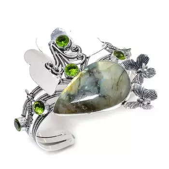 Браслет-манжета из стерлингового серебра 925 пробы с натуральным лабрадоритом и драгоценным камнем перидот Adj. Б8И79