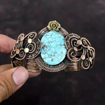 Браслет-манжета из тибетской бирюзы, браслет из медной проволоки с драгоценными камнями, ювелирные изделия ручной работы, регулируемый браслет-манжета, цветочный браслет, подарок для матери