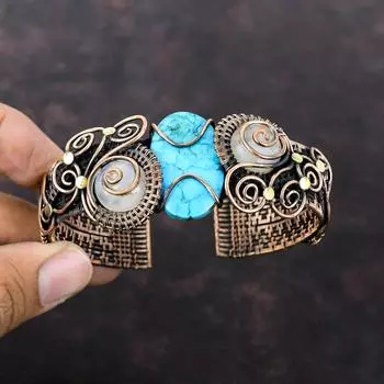 Браслет-манжета из тибетской бирюзы, браслет-манжета из медной проволоки с драгоценными камнями, браслет-манжета из лунного камня, ювелирные изделия ручной работы из меди, регулируемый браслет, подарок на помолвку