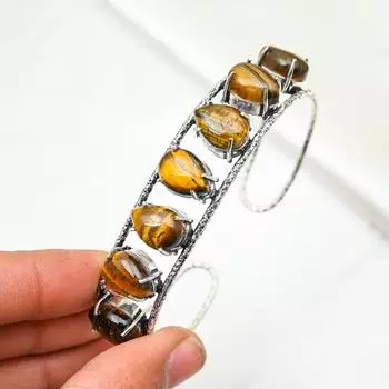 Браслет-манжета из тигрового глаза, регулируемый браслет из стерлингового серебра 925 пробы, браслет-манжета ручной работы из натуральных драгоценных камней, подарки для жены Adjustable жёлтый