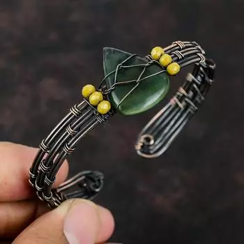 Браслет-манжета из зеленого нефрита, браслет из желтого коралла, браслет из медной проволоки, ювелирные изделия из медной проволоки, регулируемая манжета, браслет ручной работы, подарок для нее