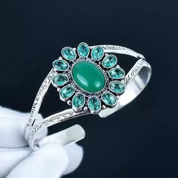 Браслет-манжета из зеленого оникса ручной работы, браслет-манжета из стерлингового серебра 925 пробы, браслет в форме цветка индиголита для жены, унисекс, подарок жене 7 зелёный