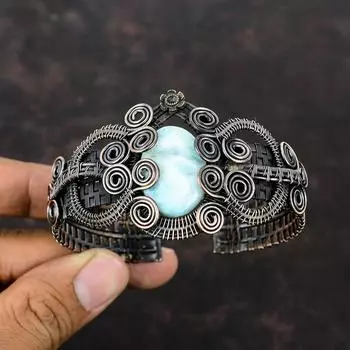 Браслет-манжета Larimar, браслет из медной проволоки, браслет с драгоценным камнем, регулируемый браслет, ювелирные изделия ручной работы, стильный браслет, ювелирное изделие из медной проволоки, подарок для нее
