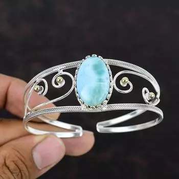 Браслет-манжета Larimar, браслет из стерлингового серебра 925 пробы, позолоченный 18 карат, регулируемый браслет, браслет-манжета ручной работы, ювелирные изделия из настоящего драгоценного камня, подарок для мамы Adjustable