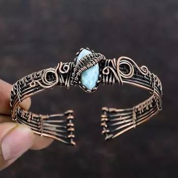 Браслет-манжета Ларимар, медная проволока, обернутая регулируемой манжетой, браслет с драгоценными камнями, медная проволока, ювелирный подарок для нее, дизайнерский браслет-манжета ручной работы