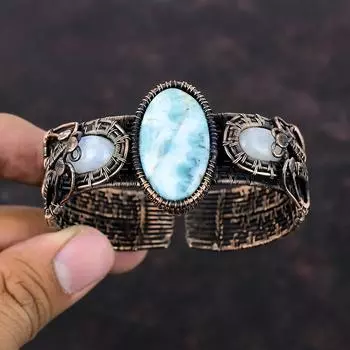 Браслет-манжета Larimar, медная проволока, регулируемый браслет, браслет из радужного лунного камня, браслет из драгоценных камней, медные украшения, подарок для нее, браслет ручной работы