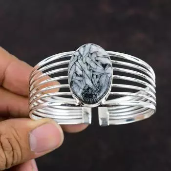 Браслет-манжета Pinolith Jasper из стерлингового серебра 925 пробы, регулируемый браслет-манжета ручной работы с настоящим драгоценным камнем, изящный браслет-манжета, подарок на годовщину