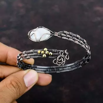 Браслет-манжета Rainbow Moonstone, браслет из медной проволоки с драгоценными камнями, регулируемый браслет-манжета ручной работы, ювелирные изделия из медной проволоки, браслет из лунного камня