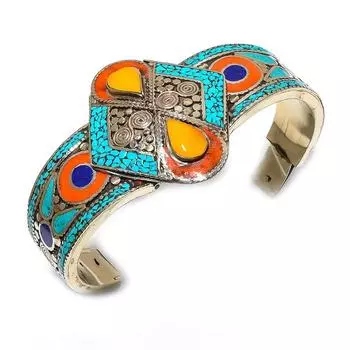 Браслет-манжета ручной работы из натуральной тибетской бирюзы и коралловых камней, регулируемый g7M26