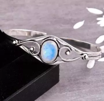 Браслет-манжета ручной работы из стерлингового серебра 925 пробы с радужным лунным камнем и драгоценным камнем 17.35 MM - 18.89 MM синий