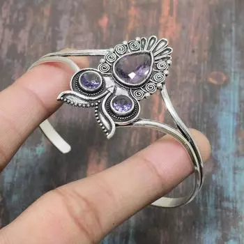 Браслет-манжета ручной работы из стерлингового серебра 925 пробы с аметистом, регулируемый на День Благодарения Adjustable фиолетовый