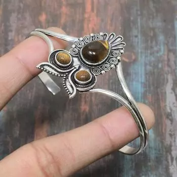 Браслет-манжета ручной работы из стерлингового серебра 925 пробы с тигровым глазом, регулируемый для женщин Adjustable жёлтый