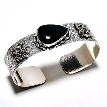 Браслет-манжета ручной работы с черным ониксом и драгоценным камнем 925 пробы с серебряным покрытием