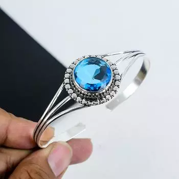 Браслет-манжета ручной работы с голубым топазом, браслет-манжета из стерлингового серебра 925 пробы, браслет-манжета с голубым топазом для жены, браслет унисекс, праздничный подарок 7 синий