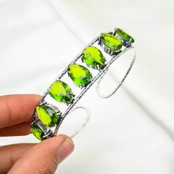 Браслет-манжета ручной работы с перидотом, браслет из цельного серебра 925 пробы, изящный регулируемый браслет-манжета, подарок для нее, ювелирные изделия из драгоценных камней Adjustable зелёный