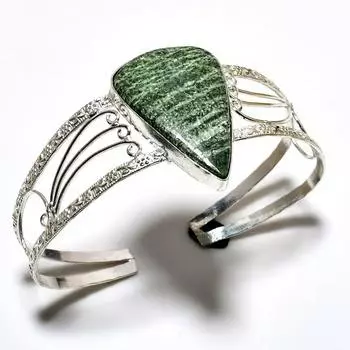 Браслет-манжета ручной работы с зеленым опалом, драгоценный камень 925, посеребренный, ювелирный браслет-манжета