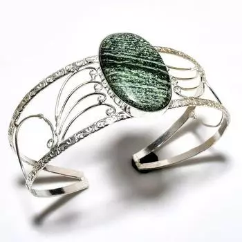 Браслет-манжета ручной работы с зеленым опалом, драгоценный камень 925, посеребренный, ювелирный браслет-манжета