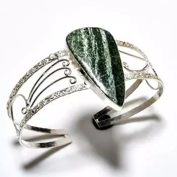 Браслет-манжета ручной работы с зеленым опалом, драгоценный камень 925, посеребренный, ювелирный браслет-манжета