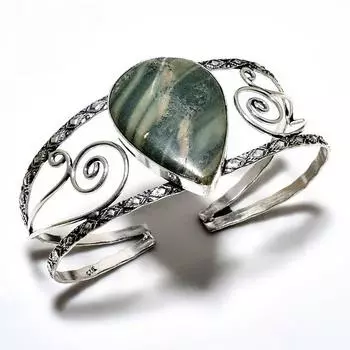 Браслет-манжета ручной работы с зеленым опалом, драгоценный камень 925, посеребренный, ювелирный браслет-манжета