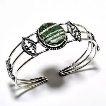 Браслет-манжета ручной работы с зеленым опалом, драгоценный камень 925, посеребренный, ювелирный браслет-манжета