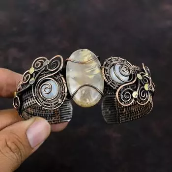 Браслет-манжета с агатом и драгоценным камнем, браслет-манжета из медной проволоки, браслет-манжета ручной работы, браслет из радуги с лунным камнем, регулируемый браслет-манжета, ювелирные изделия из медной проволоки