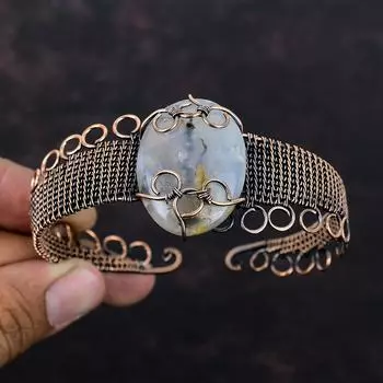 Браслет-манжета с агатом и медной проволокой, браслет ручной работы, регулируемый браслет-манжета, ювелирные изделия из драгоценных камней для подарка, ювелирные изделия, завернутые из медной проволоки