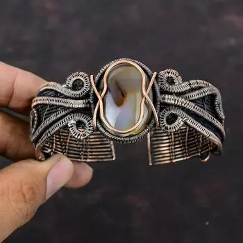 Браслет-манжета с агатом Монтана, браслет из медной проволоки, регулируемый браслет-манжета, медные украшения ручной работы, браслет из натурального драгоценного камня, подарок для мамы