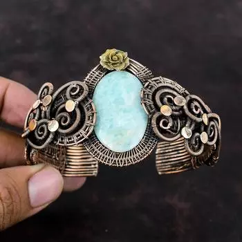 Браслет-манжета с амазонитом, медная проволока, манжета, регулируемый браслет, медные украшения ручной работы, цветочный браслет, подарок для нее, браслет из настоящего драгоценного камня