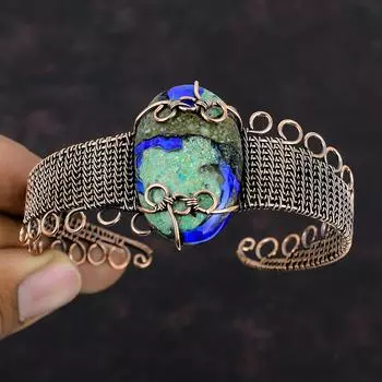 Браслет-манжета с азуритом и малахитом, браслет-манжета из медной проволоки, регулируемый браслет ручной работы, подарок для мамы, ювелирные изделия из медной проволоки