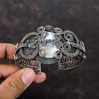 Браслет-манжета с дендритом и опалом, медная проволока, регулируемый браслет, браслет-манжета с драгоценным камнем, медные украшения, браслет ручной работы для подарков