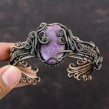 Браслет-манжета с драгоценным камнем, браслет-манжета с медной проволокой, регулируемый браслет-манжета, ювелирные изделия ручной работы с пурпуритом, медный браслет, подарок для него