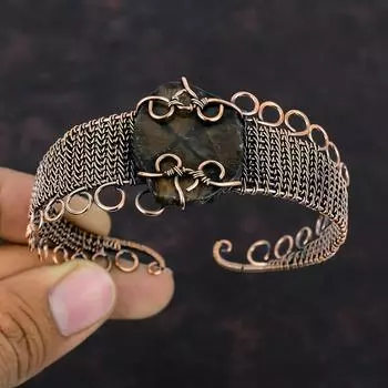 Браслет-манжета с драгоценным камнем хиастолит, браслет-манжета из медной проволоки, браслет-манжета ручной работы, регулируемый браслет, подарок для нее, ювелирные изделия из медной проволоки