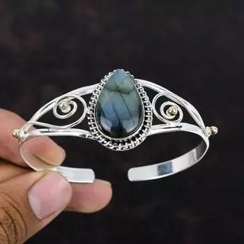 Браслет-манжета с драгоценным камнем лабрадорит, браслет из стерлингового серебра 925 пробы, позолоченный 18 карат, регулируемый браслет, дизайнерский браслет ручной работы, подарок на годовщину Adjustable