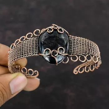 Браслет-манжета с драгоценным камнем Psilomelane, браслет-манжета из медной проволоки, регулируемый браслет для подарка, медные украшения, браслет-манжета ручной работы, ювелирные изделия из проволоки