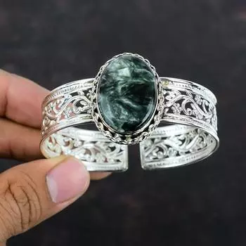 Браслет-манжета с драгоценным камнем серафинит, регулируемый браслет, ювелирные изделия ручной работы, браслет из стерлингового серебра 925 пробы, новейший дизайн, браслет-манжета, подарок на помолвку