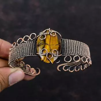 Браслет-манжета с драгоценным камнем тигровый глаз, регулируемый браслет-манжета с медной проволокой, уникальный браслет ручной работы, подарок для нее, ювелирные изделия с медной проволокой