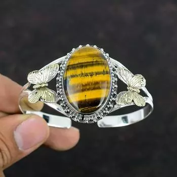 Браслет-манжета с драгоценным камнем тигровый глаз, ювелирные изделия ручной работы, браслет из стерлингового серебра 925 пробы, браслет-манжета с позолотой 18 карат, регулируемый браслет-бабочка