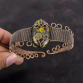 Браслет-манжета с фруктовой яшмой, медная проволока, браслет с драгоценными камнями, регулируемая манжета, браслет ручной работы, медный ювелирный браслет для женщин, подарок для нее