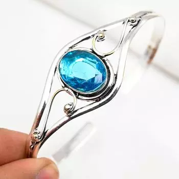 Браслет-манжета с голубым топазом, браслет ручной работы, браслет из стерлингового серебра 925 пробы, регулируемый браслет, изящный браслет в подарок для нее, ювелирные изделия из драгоценных камней Adjustable синий